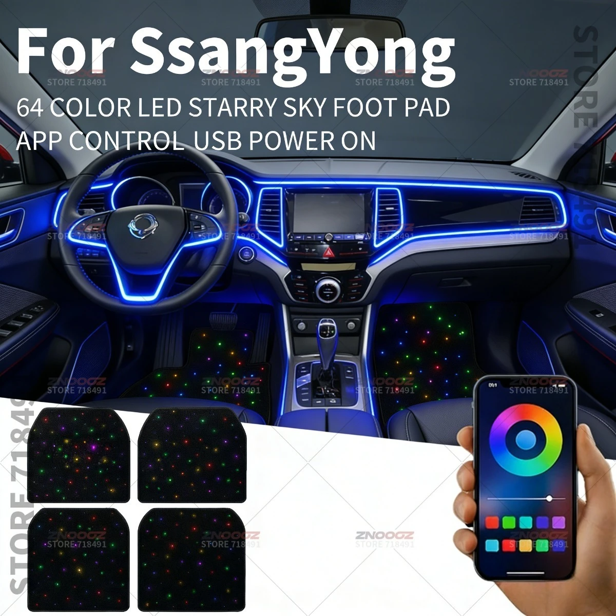 For SsangYong Korando Rexton Tivoli Rodius Actyon Kyron Musso RextonW USB Car LED Starry Sky Foot Mat DIY Can Be Cut