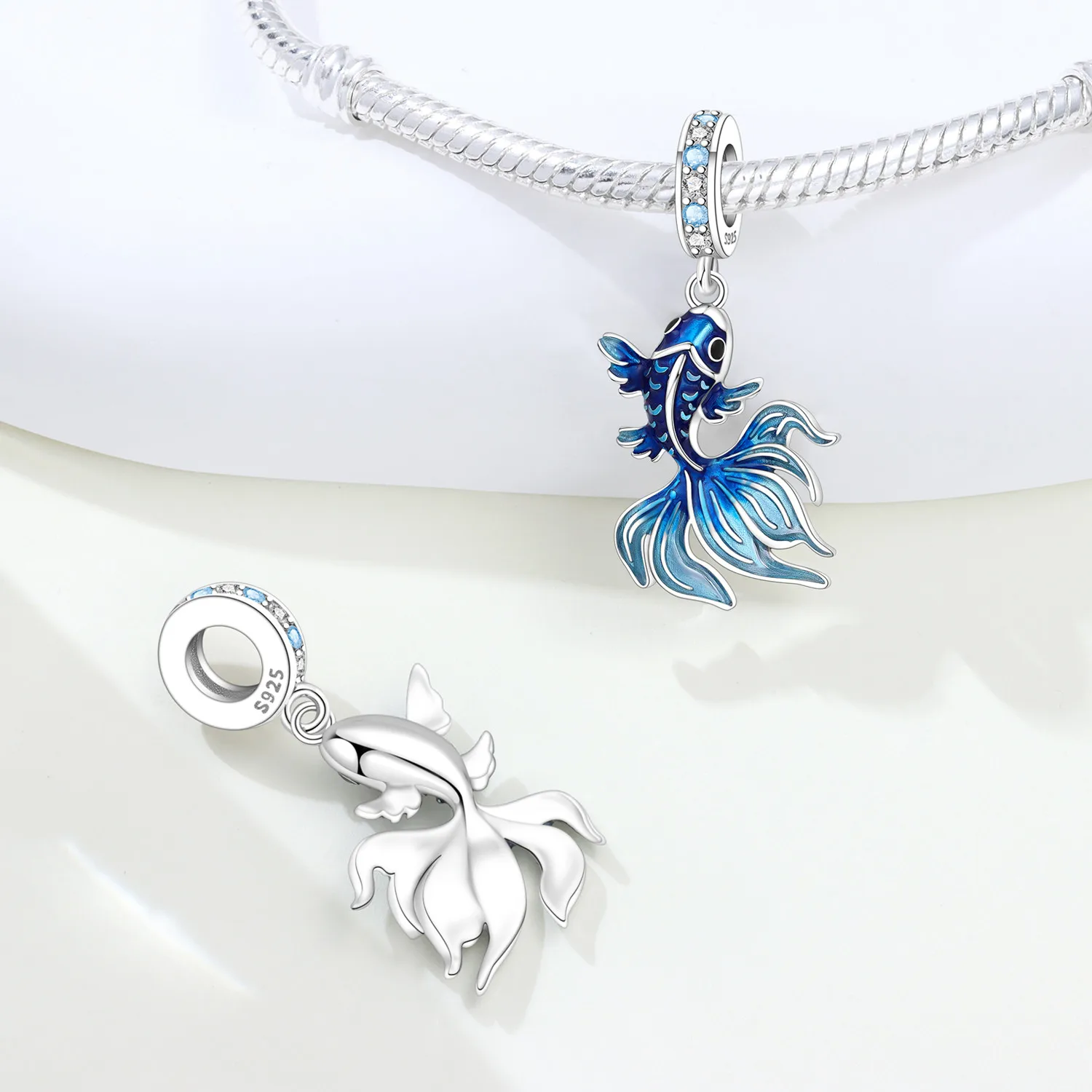 Blue Charm 925 Sterling Silver Ocean Pearls Betta Fish Pendant Birthday Party Gift for Women Bracelet Necklace DIY Beads Jewelry image 2