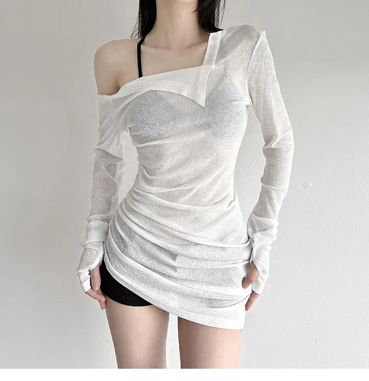 

White Shirts For Women Sexy T-shirts Gauze Y2k Tops 2025 Ropa Mujer Long Sleeve Off Shoulder Tees Folds Irregular Fashion Tshirt