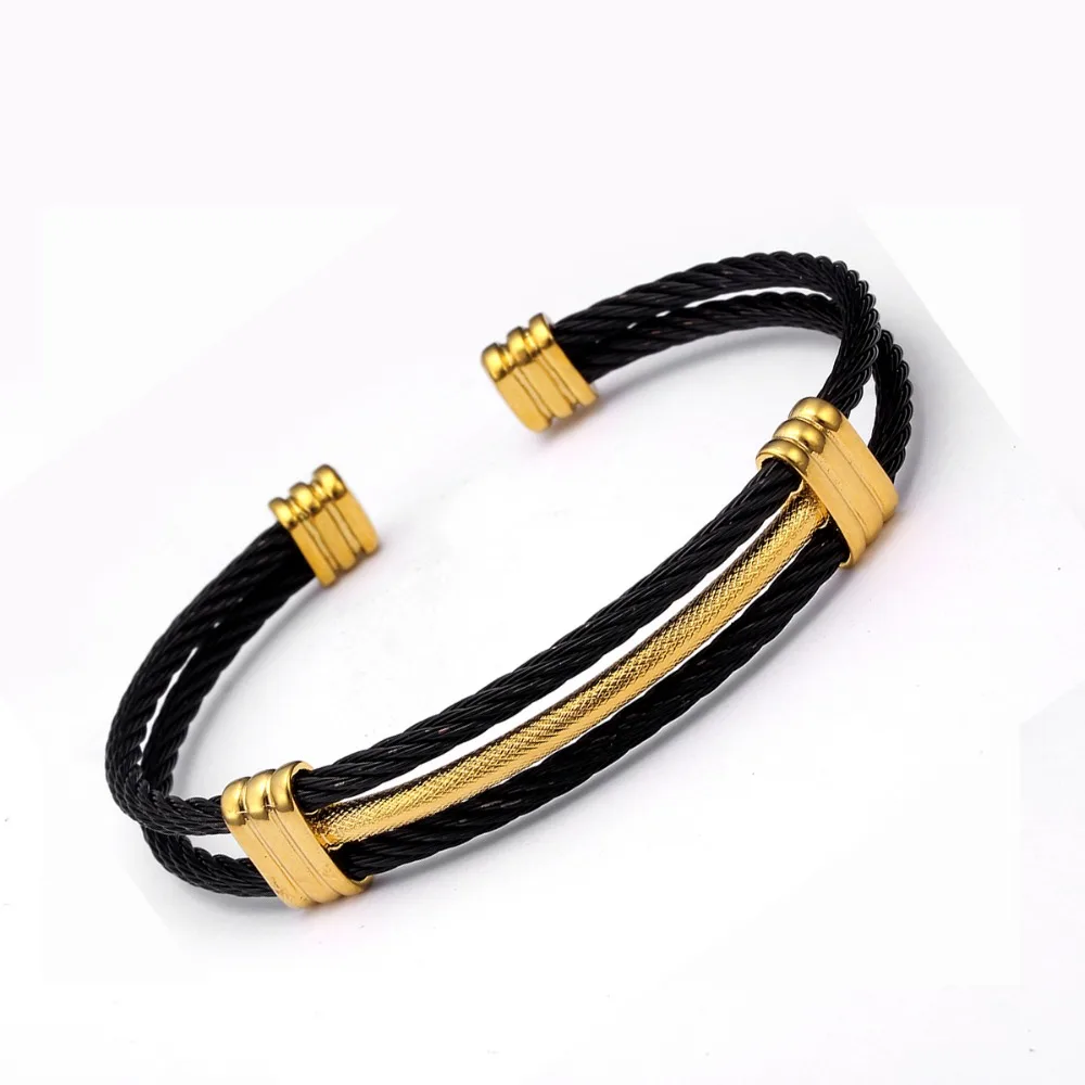 Simple Stainless Steel Open Men Women Black Charm Bracelets Vintage Mesh Surface Luxury Cuff Female Chain Link Bangles Pulsera