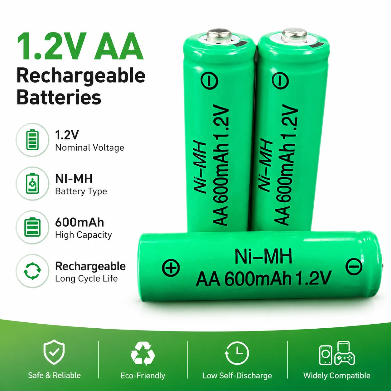 

600mAh 1.2V NiMH Rechargeable AA Batteries Long Lasting Power For Solar Lamp LED Torch Electric Shaver Wireless Mouse Mic