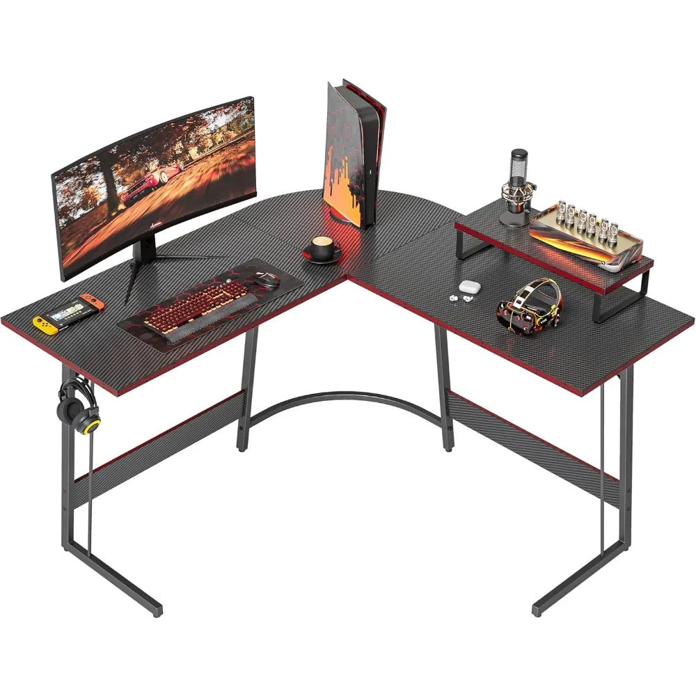 L Shaped Gaming Desk with Monitor Stand Home Office Computer Corner Desk Study Writing Workstation Black Carbon Fiber 47