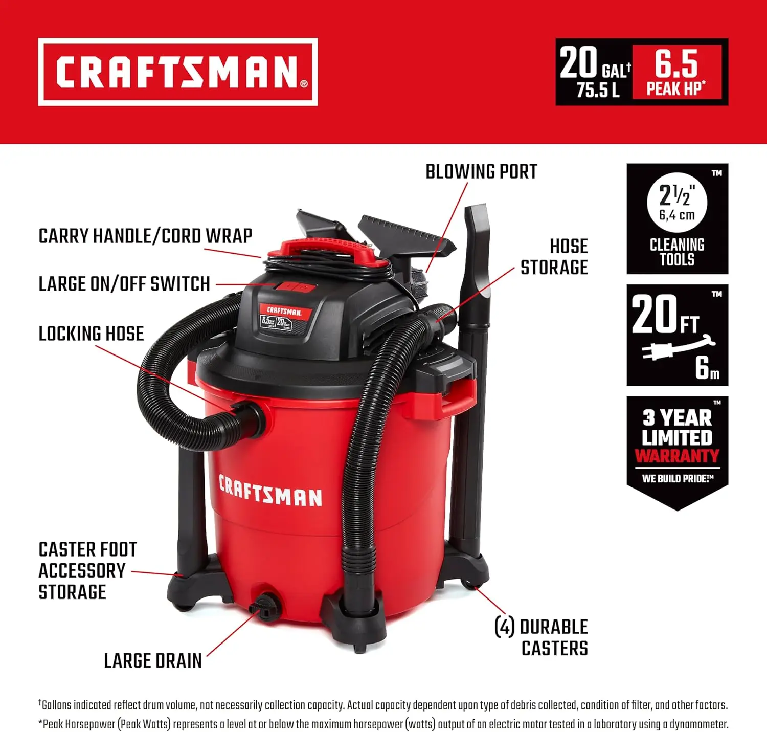 CRAFTSMAN CMXEVBE17596 20 Gallon 6.5 Peak HP Wet/Dry Vac, Heavy-Duty Shop Vacuum with Attachments