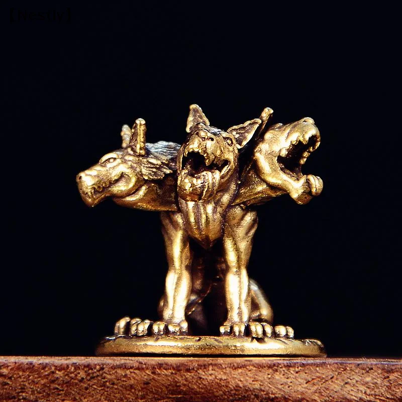 Three Headed Wolf Miniatures Figurines Brass Mythology Animal Small Statue Desktop Ornaments Home Decor Crafts Accessories〔Nest〕