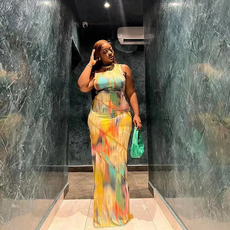 

Kliou Aesthetic Colorful Tie Dry Maxi Dress Women Sleeveless Ruched Slim Bodycone Vestido Girls Party Club Attire Robe Skirt