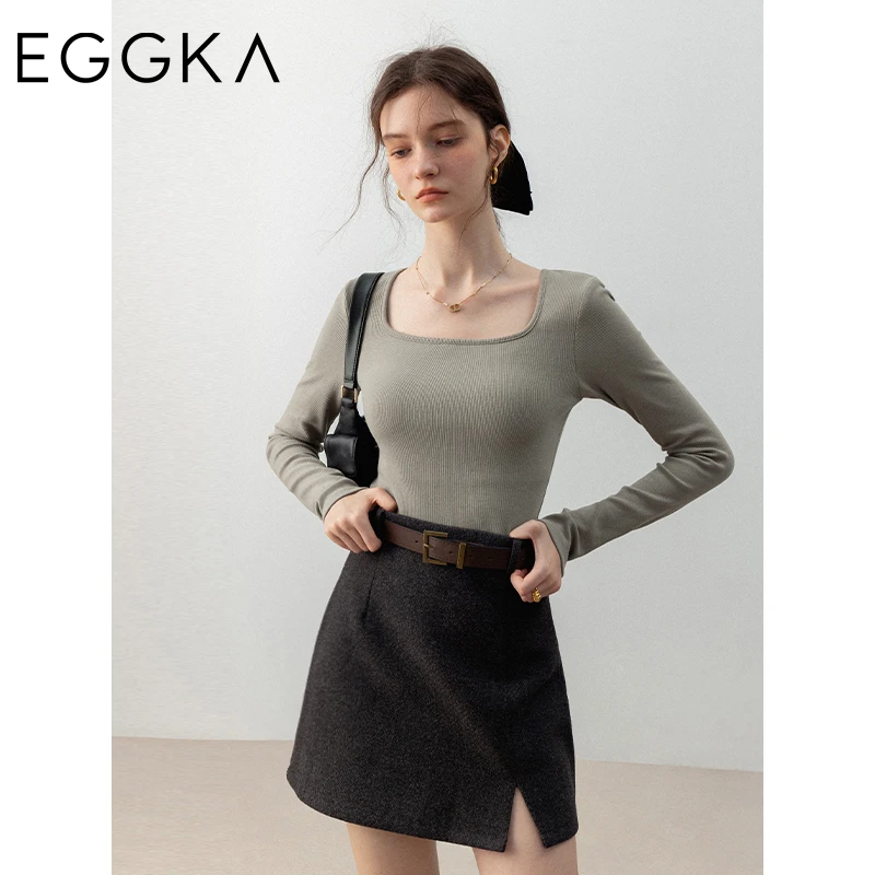 EGGKA Women's Solid Long-sleeve Shirt 2024 Autumn Winter Slim Underwear Female Basic T-shirts Turtleneck Minimalist Tops White