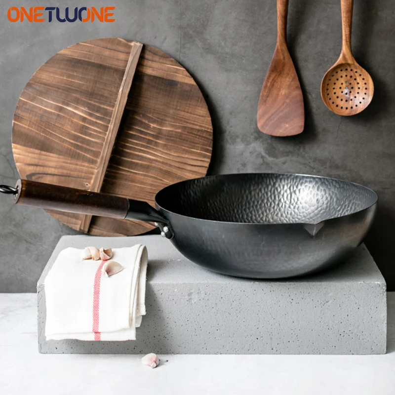 Carbon Steel Wok Pan 32cm Stir Fry Wok Set with Wooden Lid Non-Stick Flat Bottom Frying Pan for Electric Induction and Gas Stove