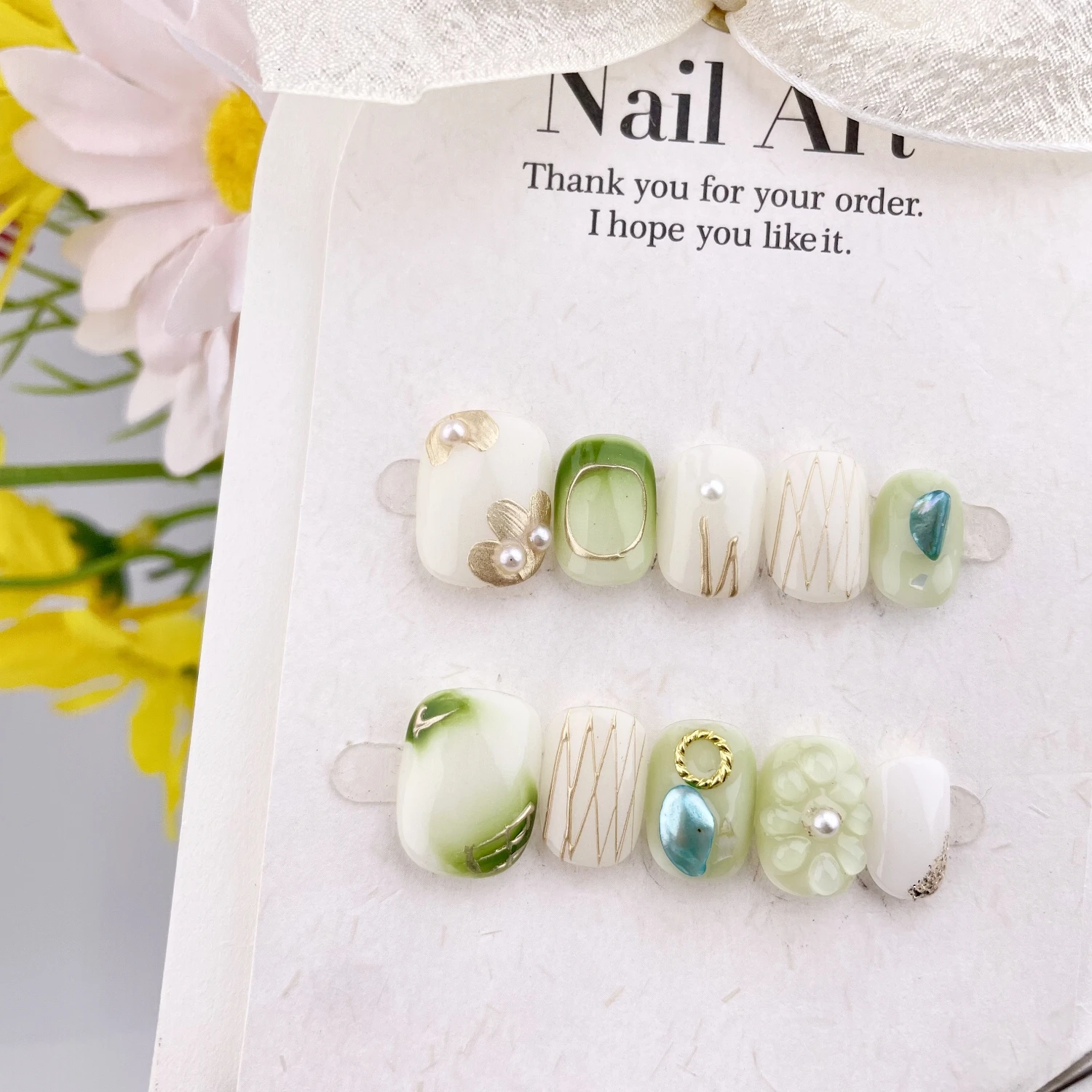 Resin Art Sticker - 10 Peças de Unhas Postiças Verdes