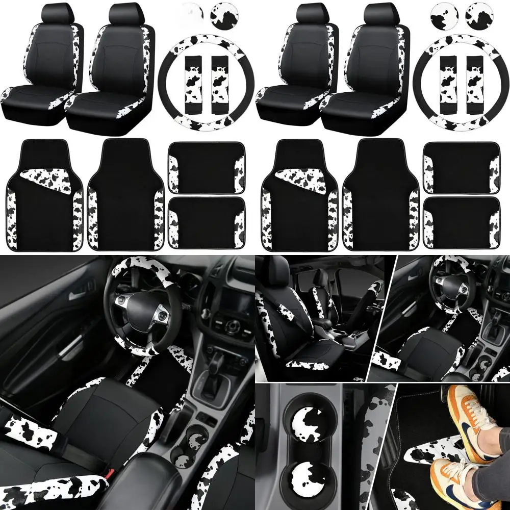 

Universal Faux Leather Car Seat Covers, Cow Print Mats, and Steering Wheel Cover Set for SUV, Van, Sedan, Truck - Cute Automobil