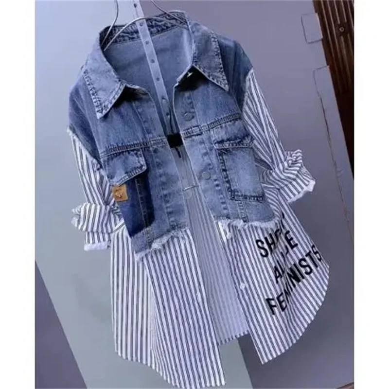 Spring/Summer 2024 New Fashion Striped Fake two Denim Shirts Women's Design Sense Stitching Women Jackets Temperament Coat Top