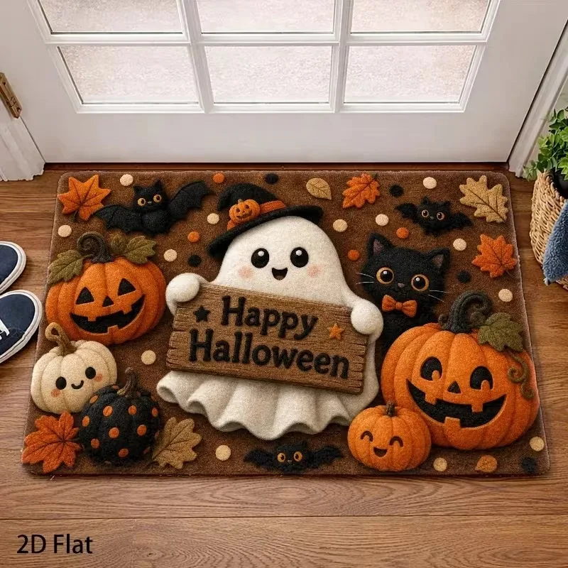 Cute Happy Halloween Doormat, Welcome Mat with Adorable Ghost, Pumpkin, Black Cat & Bat, Non‑Slip Fall Entry Rug