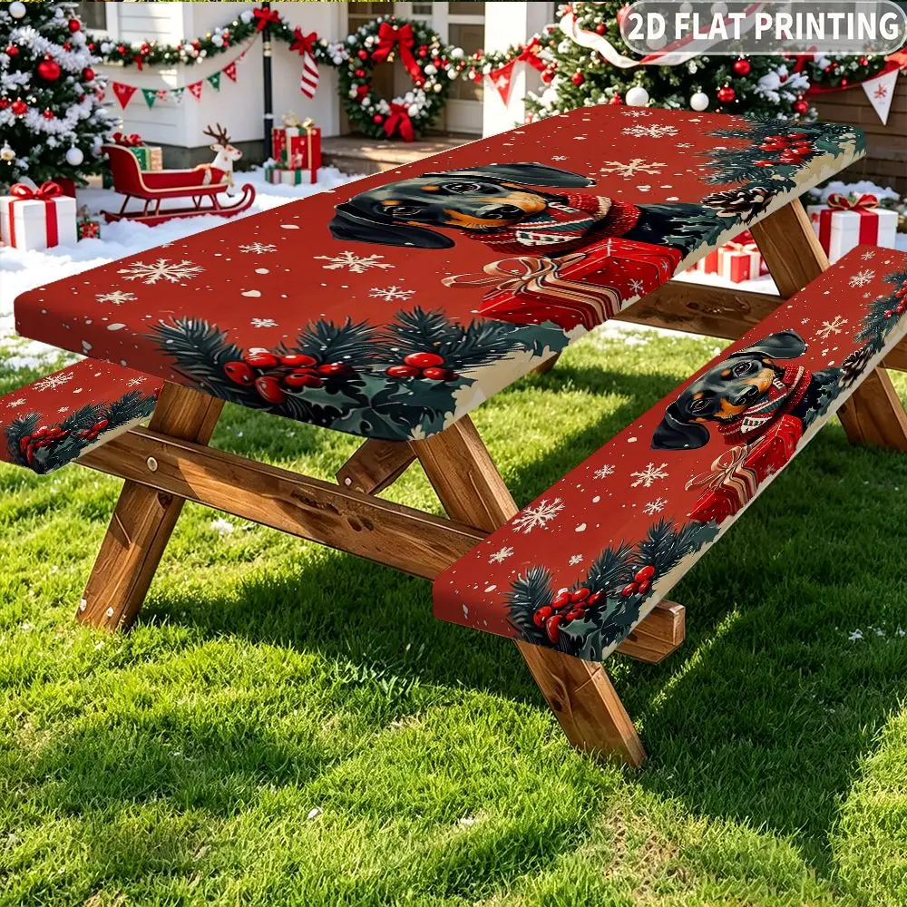 3pcs 2D FLAT Printing 1 Tablecover +2 Bench Covers, Snowflakes And Dog Portrait Print, Elastic Band Edge Dining Tablecloth