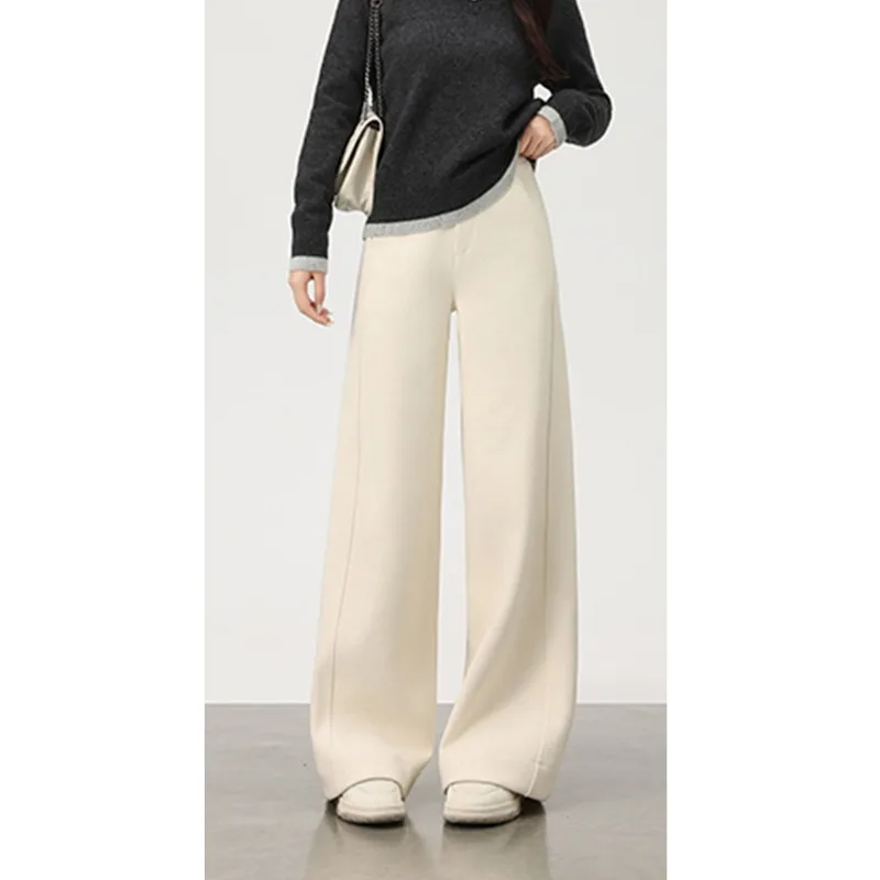 النساء الصوف بنطال ذو قصة أرجل واسعة الخيوط مرونة الخصر الكشمير بنطلون الخريف الشتاء 100% ميرينو الصوف محبوك لينة الشق تصميم السراويل #3