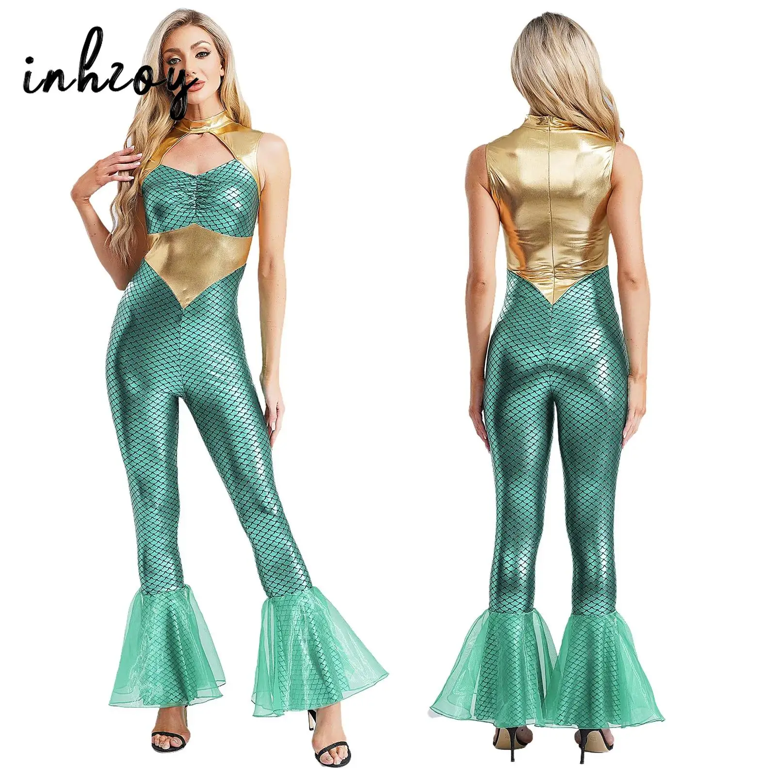 زي حورية البحر للهالوين، بدلة قفز للحفلات التنكرية للنساء، رومبير مع فتحة رقبة وهمية، موازين سمكة معدنية أمامية #1