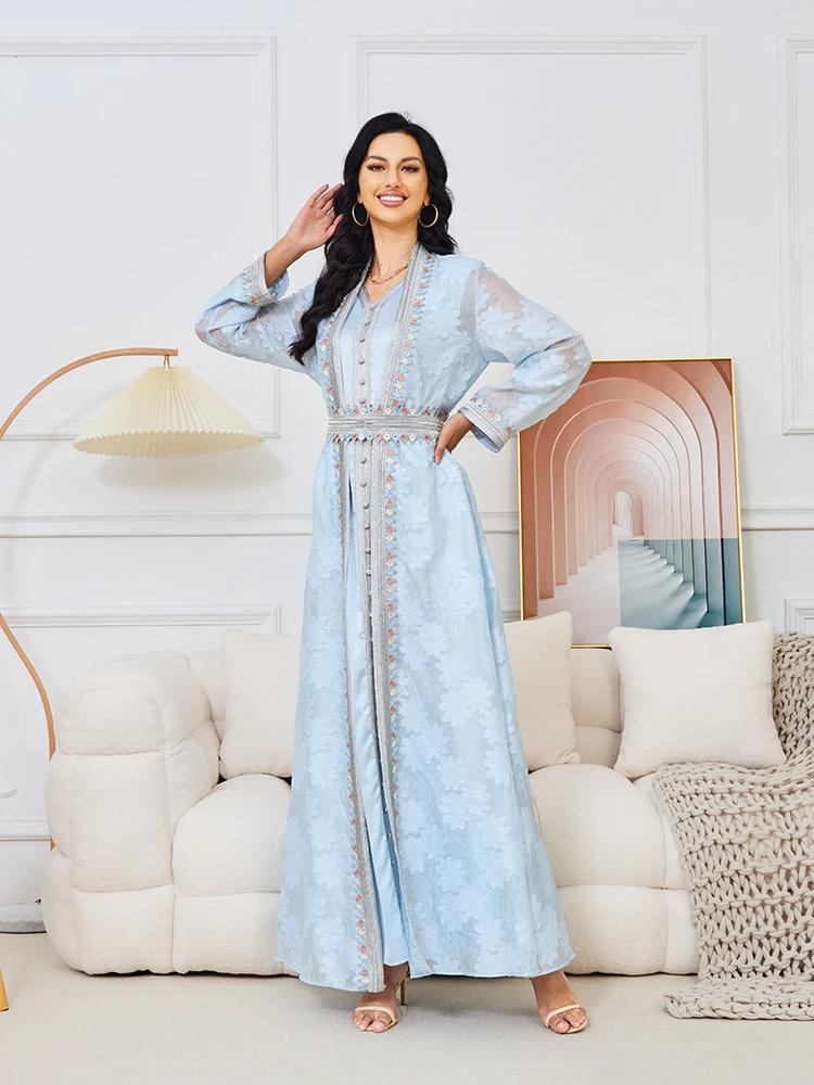 Puffed-sleeve Cardigan, Elegant Dubai Long Dress, Middle Eastern Robe, Two-piece Set With Rhinestones