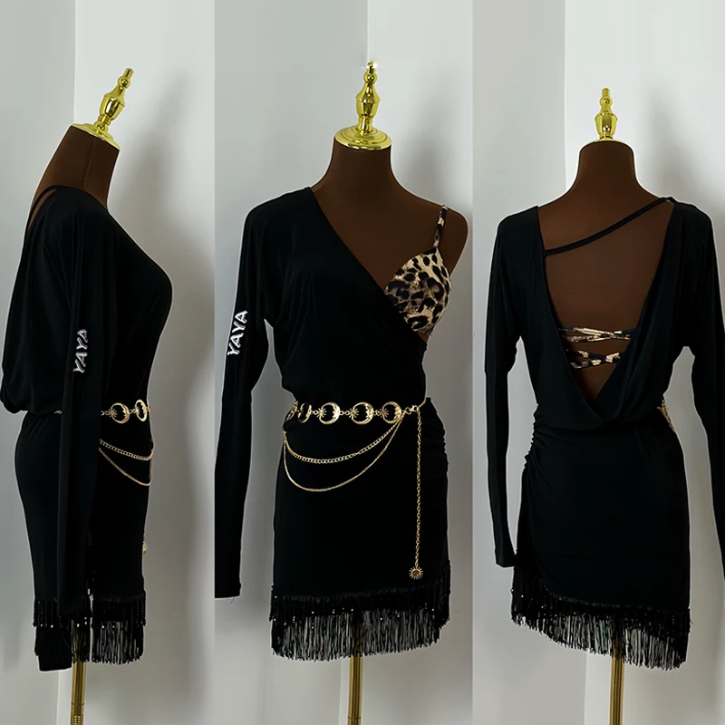 

Sexy Latin Dance Fringe Dress Women Black Leopard Performance Outfit ChaCha Samba Salsa Rumba Training Wear Latin Dancewear 2359