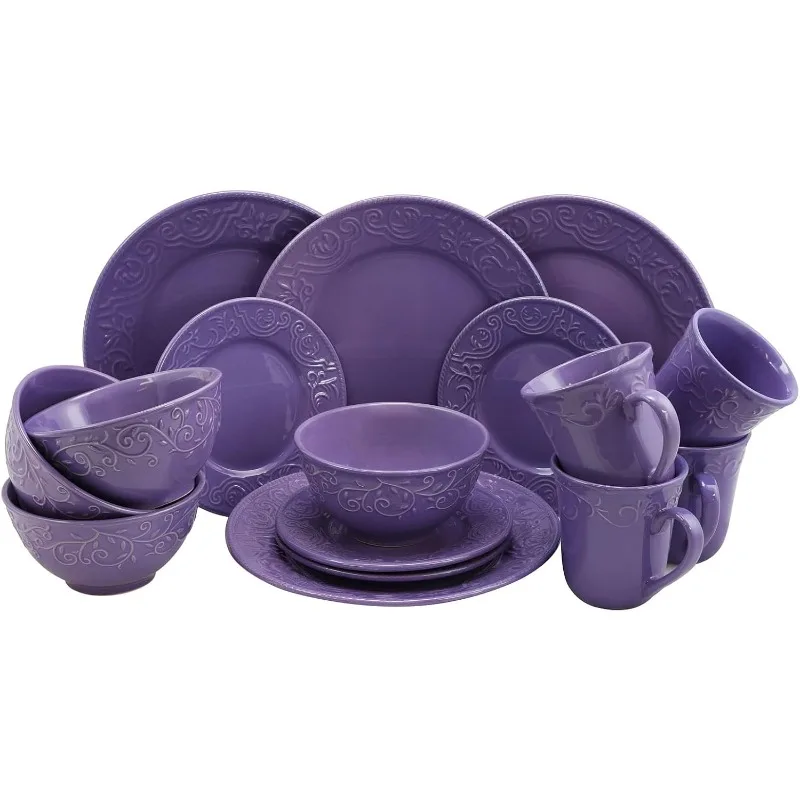 

Embossed Stoneware Elegant Round Dinnerware Dish Set, 16 Piece Lilac Purple