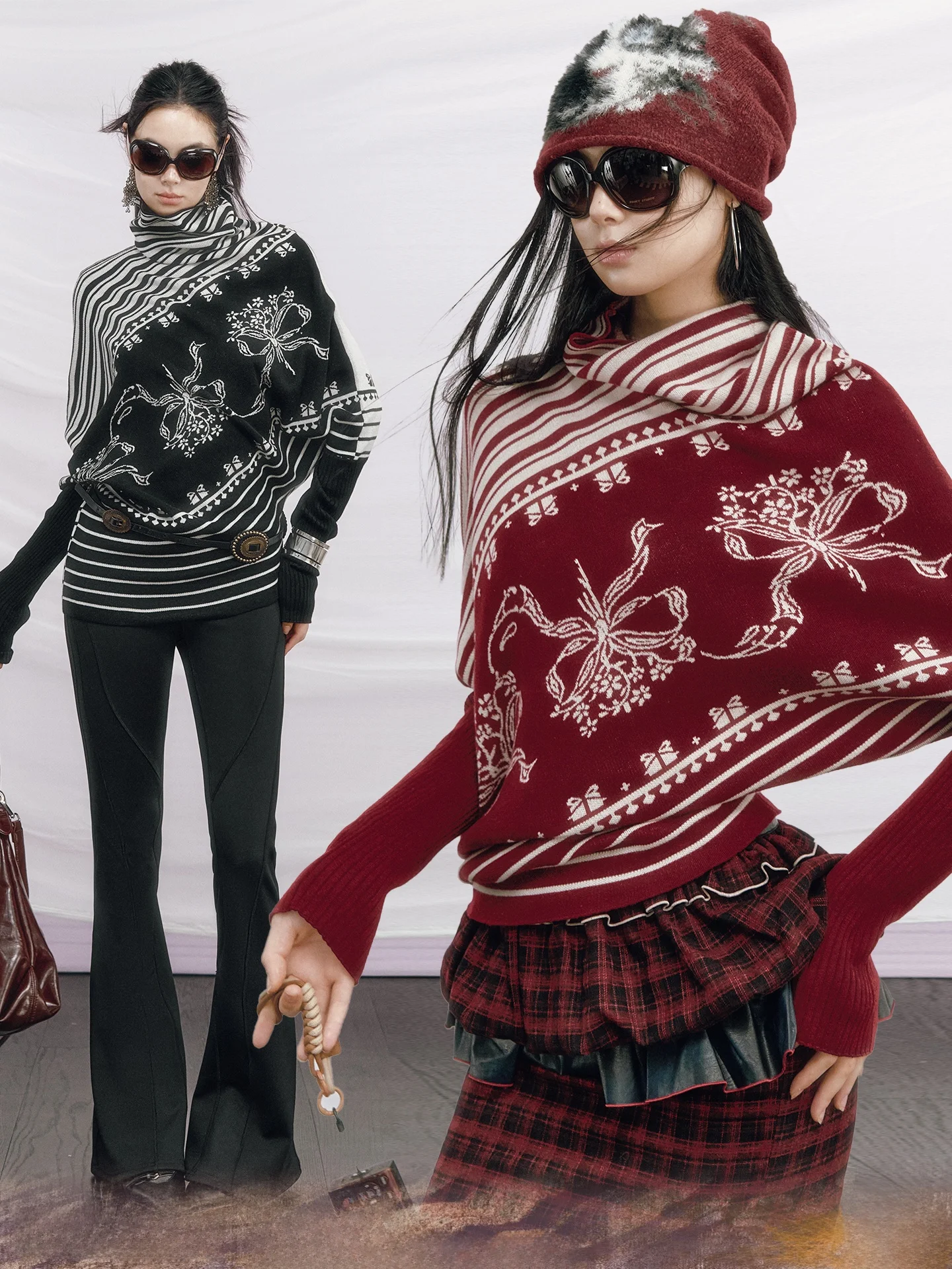 

OfAkiva Josephine Stripe Batwing Sve Двусторонний вязаный свитер контрастного цвета с шелковой лентой Букет с вышивкой Slim Fit Com...