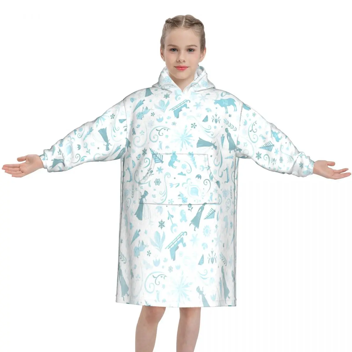 Frozen Elsa Princess Blanket Hoodie Wearable For Kids Onesie Blankets Oversize Pajamas with Pocket