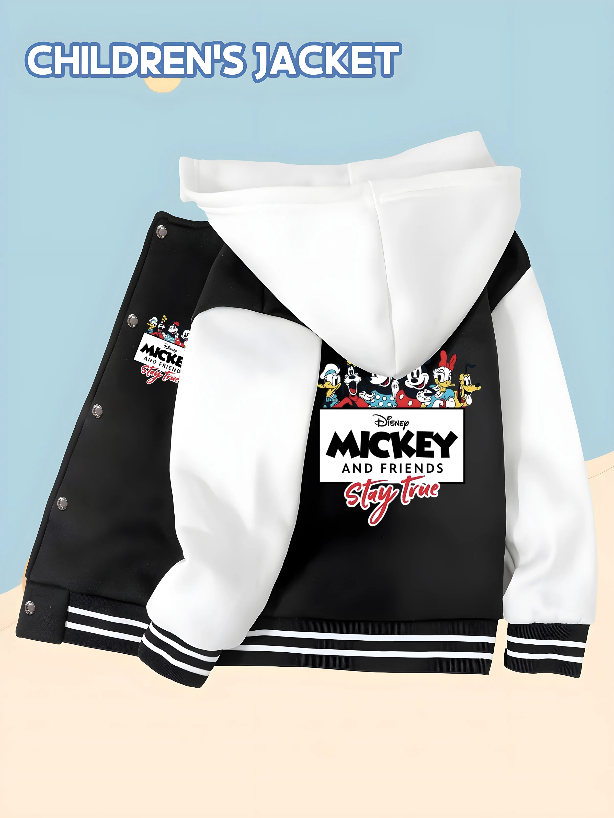 

MINISO Disney Boys Baseball Jacket - Mickey and Friends Collection, double-sided Mickey and Donald Duck prints, trendy