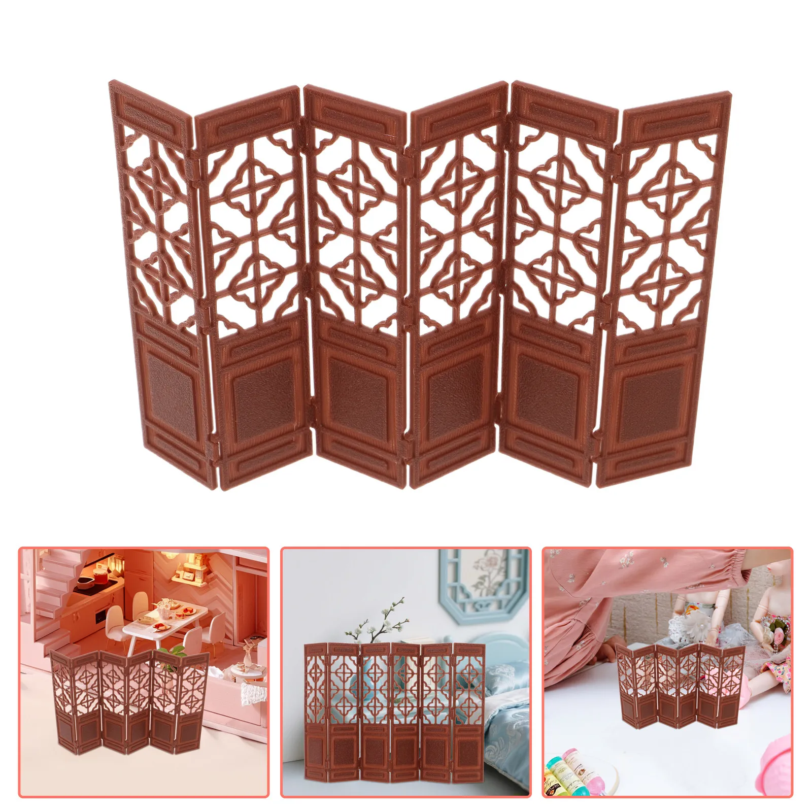 

Mini Chinese Folding Screen Vintage Brown 1:20 Dollhouse Furniture Room Divider Decorative Folding Screen Desktop Miniature