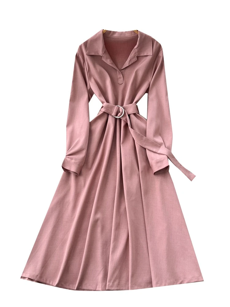 أنيقة الفرنسية خمر قميص طوق مربوط فستان المرأة الخريف طويلة الأكمام سليم صالح فستان ماكسي لينة اللف النسيج شيك نمط #6