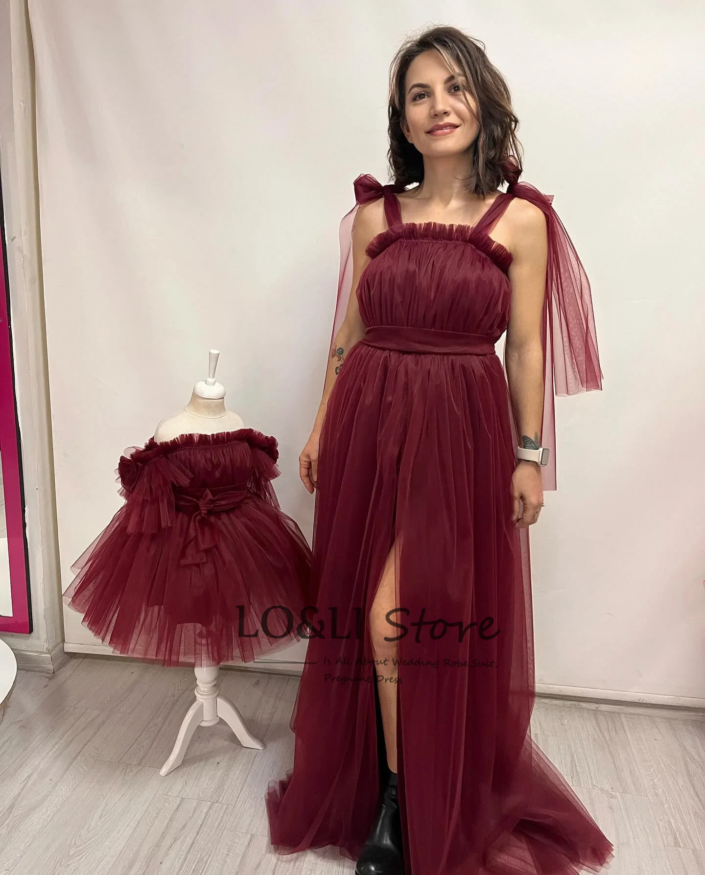 Burgundy Off Shoulder Tulle Dress For Pregnant Mother Kids Photograph Princess Dress Baby Shower Party Ball Gown Prom Dress