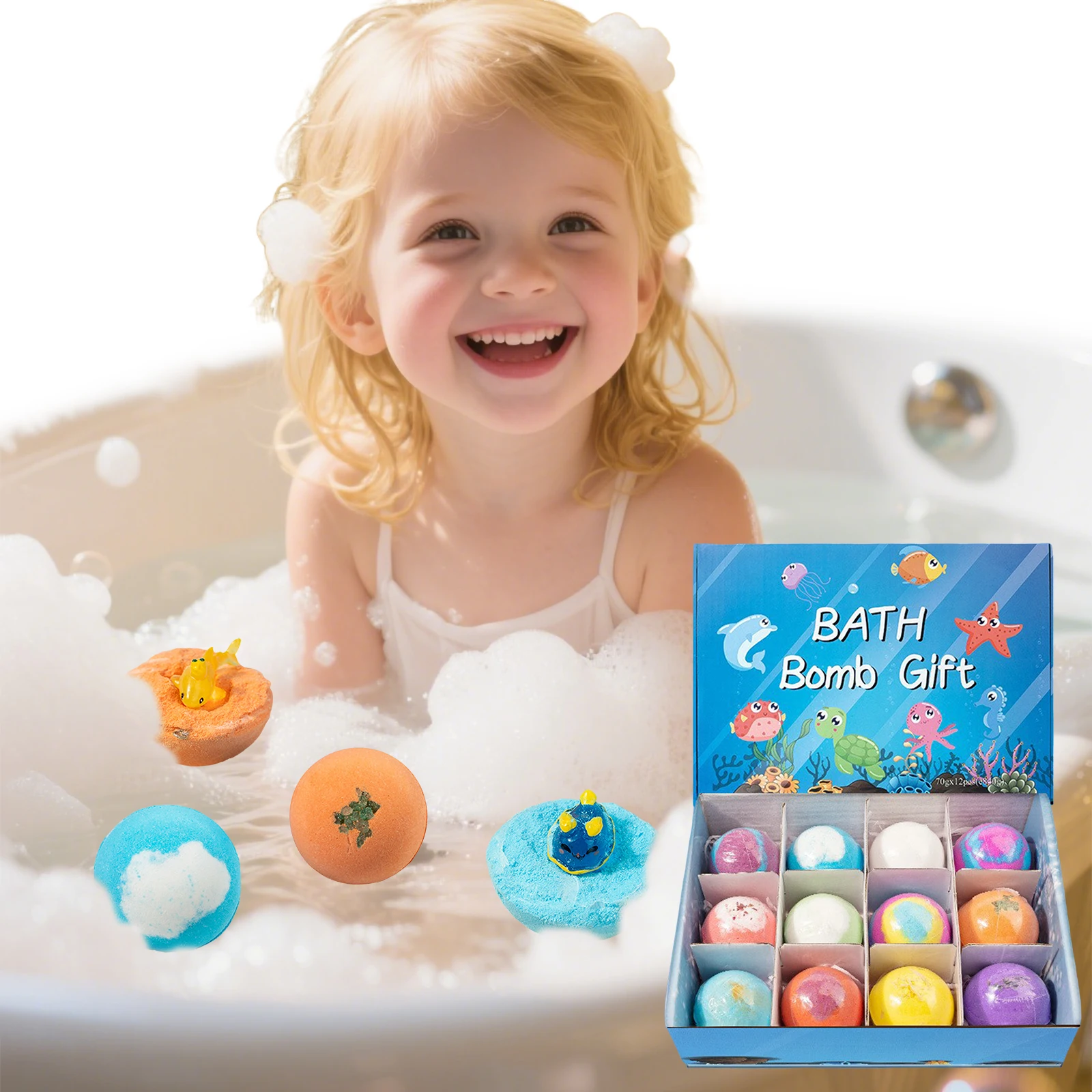 

12 Pack Kids Natural Bath Bombs Natural Mega Bubbles Surprise Ocean Toys Gift Set Skin Friendly Bathing Kit for Boys and Girls