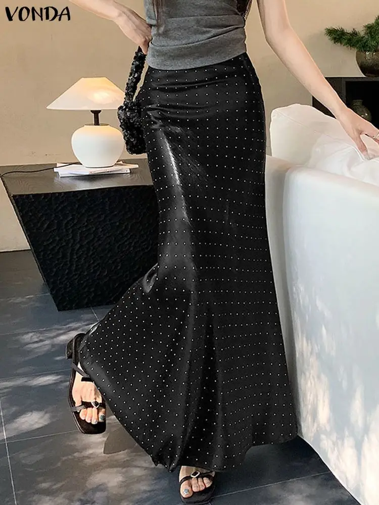 

VONDA Юбки больших размеров в горошек Макси Длинные юбки Женская мода Высокая талия Атласный шелк Jupes Faldas Saia Повседневные вечерние днища 5XL