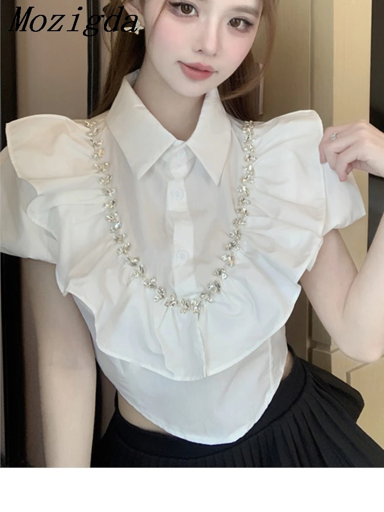 legant Female Sexy Club Top Casual White Pleated Blouse Women Puff Sleeve Shirts Ladies Beading Luxury Mujer Blusas