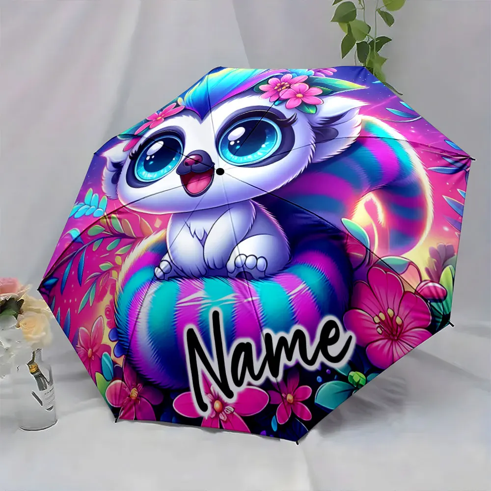 Custom Name Colorful Cartoon Animal Umbrella with Bright Floral Design 8 Iron Ribs Folding Umbrella Auto-Open Fashion Sunshade
