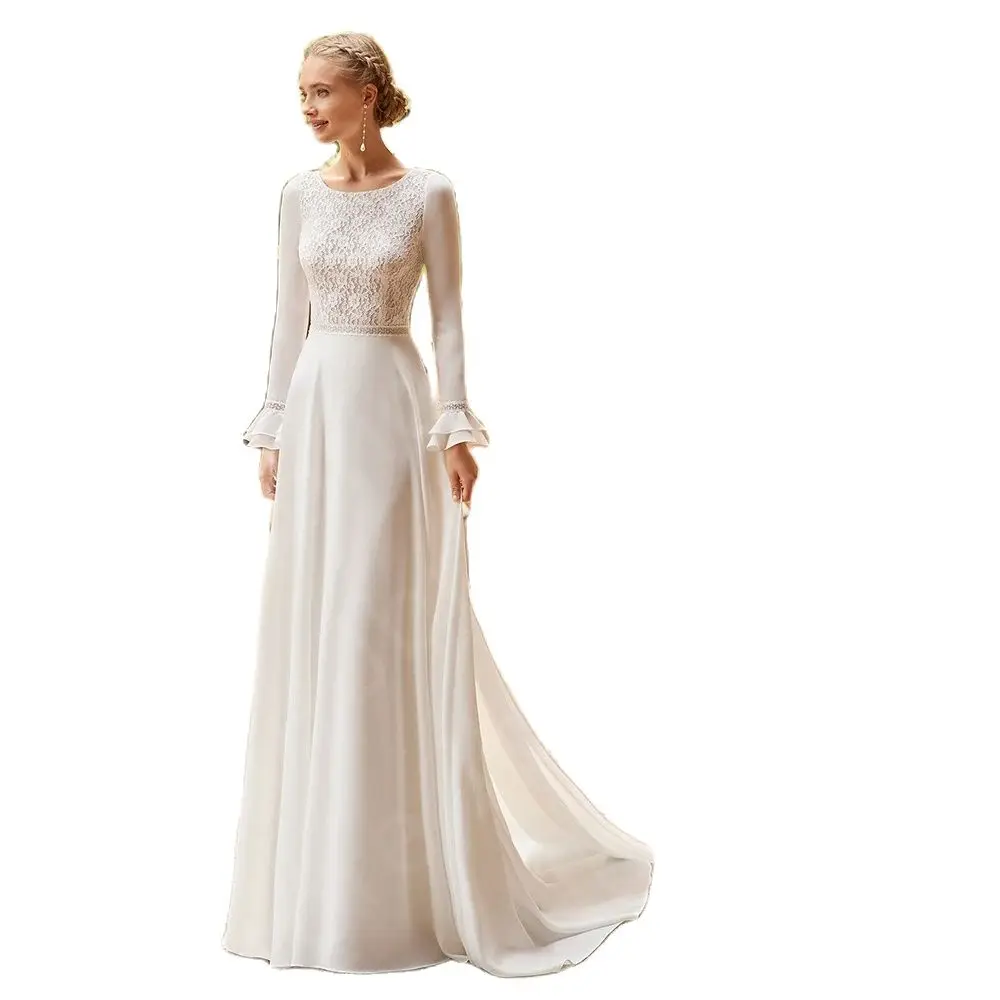 2024 New Arrival Lace Wedding Dresses Boho Bridal Gowns Beach Long Sleeves Bride Dresses Round Neck Wedding Gowns White Back Out