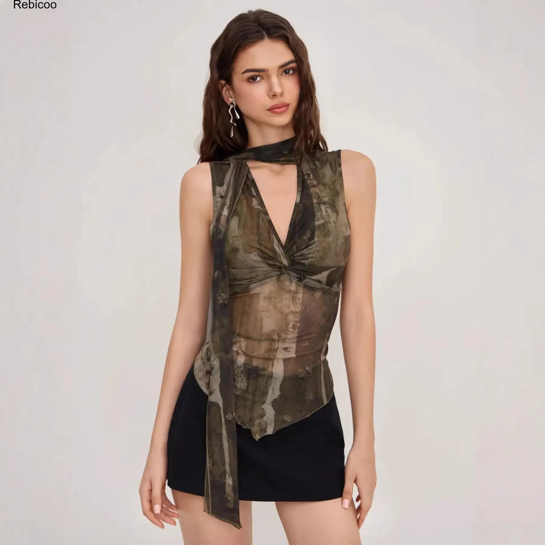 Women's Sheer Mesh Halter Neck Top with Tie Detail, Sleeveless Camouflage Print See-Through Blouse for Summer Festival and Party