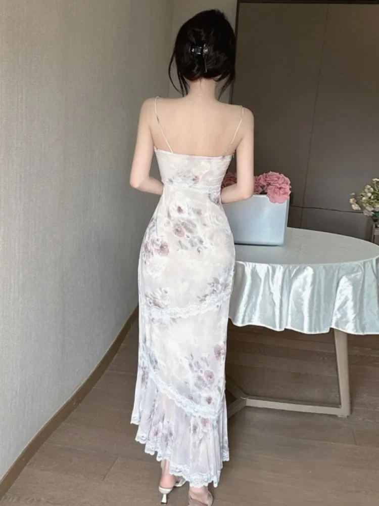 Woman Dress Floral Printed Sexy Lace Patchwork Sleeveless Slim Elegant Bow Vintage Party Dresses Backless Ladies Summer