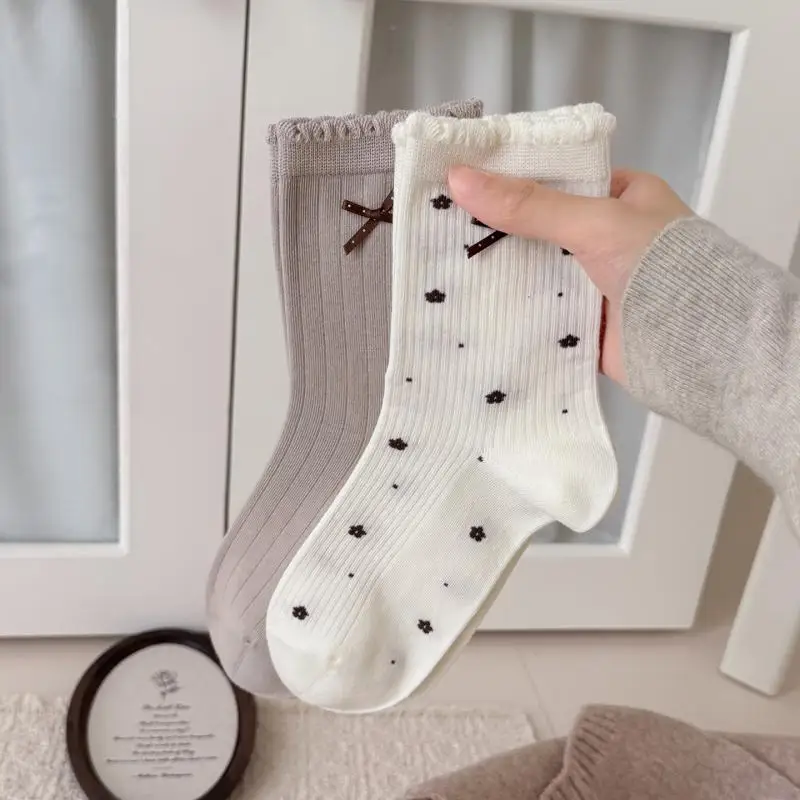 1 Pairs Women Fashion Cotton Socks Japanese Style Polka Dot Bow Socks Breathable Crew Socks For Girl Ear Fungus Edge Cotton Sock