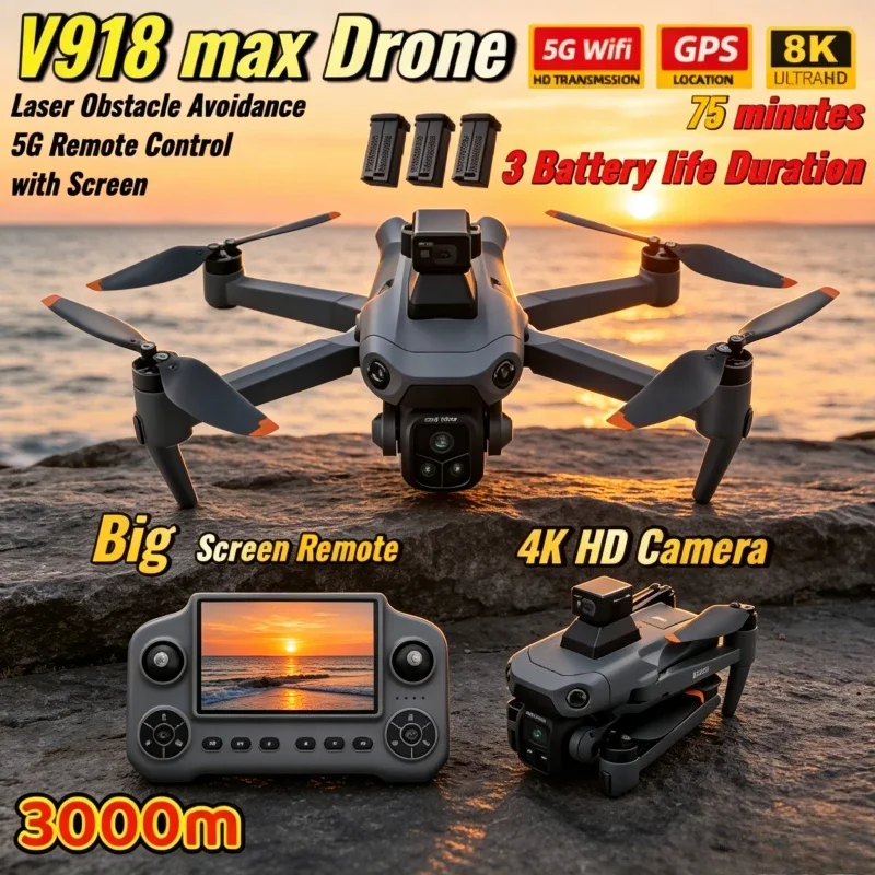 V918 Max Drone Gifts RC Quadcopter with LCD Screen Remote Control FPV Camera Professional GPS 8K Obstacle Avoidance Laser 3000M
