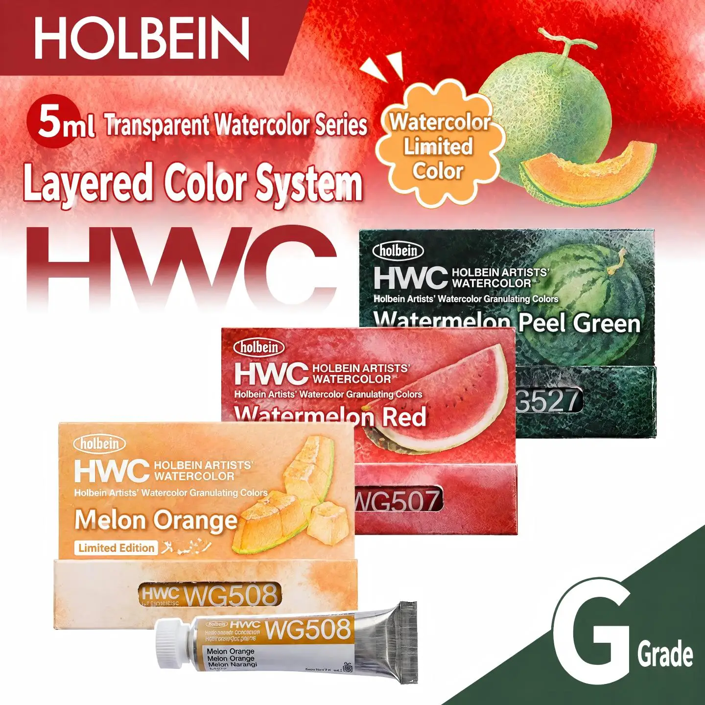 HOLBEIN Watercolor Paint 5ml Limited Edition Fruit Colors Watermelon Melon Granulating Pigments Red Green Artist Watercolour