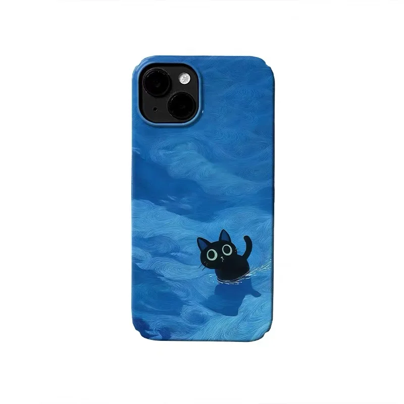 

Ins Korean Blue Ocean Black Cat Phone Case for IPHONE 17 Air 16E 15PROMAX 14 Plus 13 12 MINI 11PRO 16Plus XR Acrylic Phone Cover