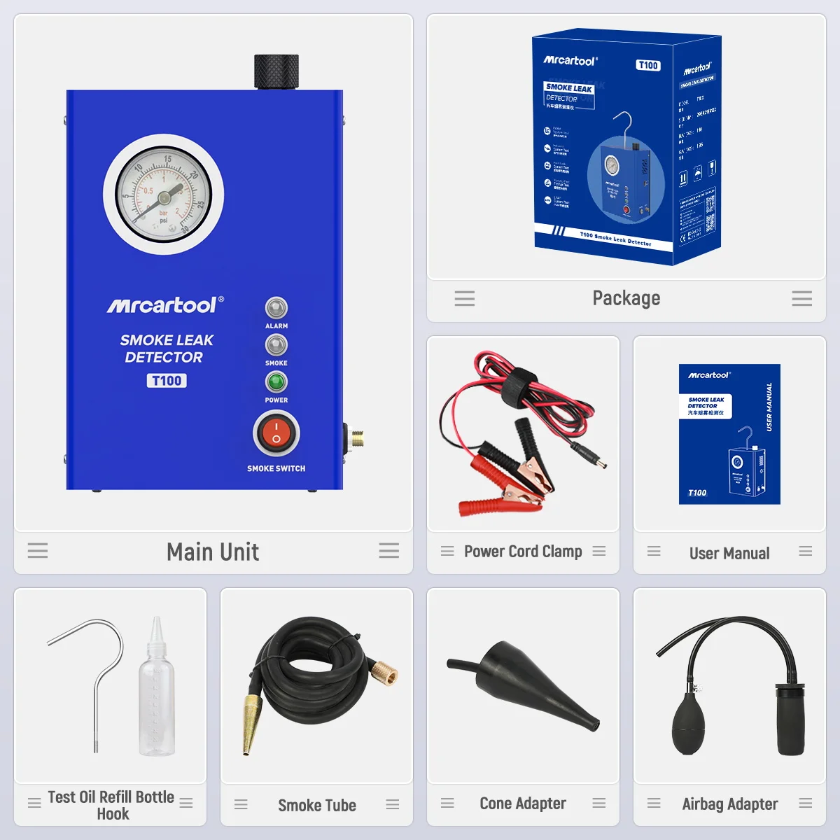 MR CARTOOL T100 محدد تسرب الأنابيب كاشف تسرب دخان السيارة مع أداة تشخيص المدمج في المضخة
