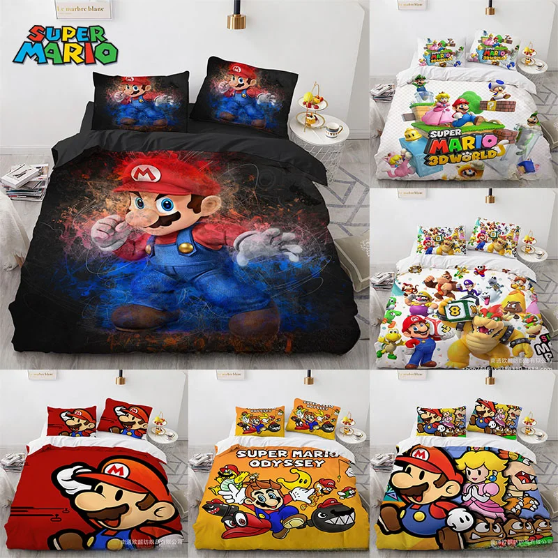 Super Marios Bros Bedding Set Quilt Cover Pillowcase Anime Luigi Yoshi Decor Bed Spead Bedroom Duvet Cover Bedding Suit Kid Gift