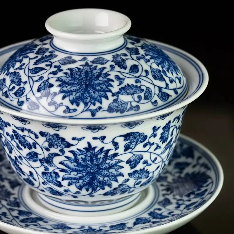 Holy Mountain Jingdezhen Blue And White Lotus Sancai Ceramic Antique Hand-Painted Set Tea Tureen