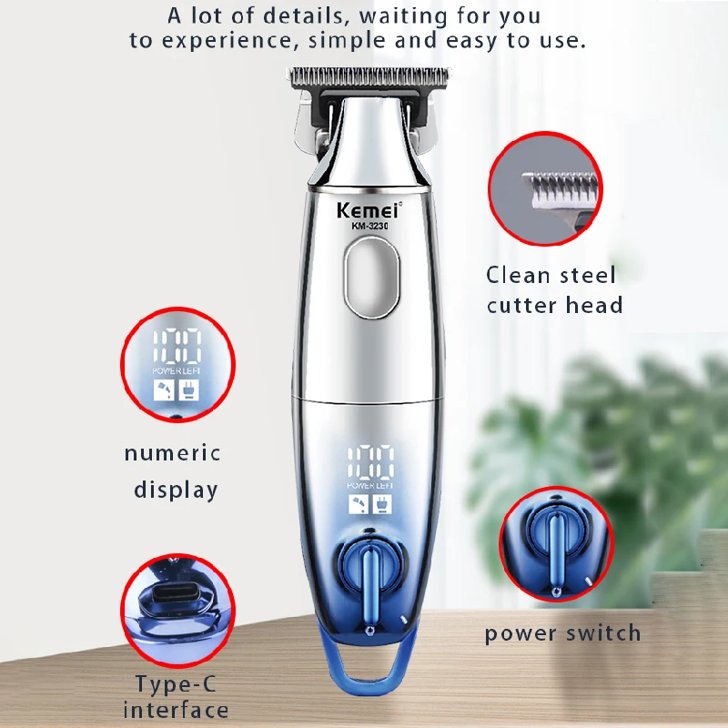 Kemei 3230 Professional Hair Trimmer For Men Electric Beard Hair Clipper Barber 7000RPM Rechargeable Haircut Machine LED display