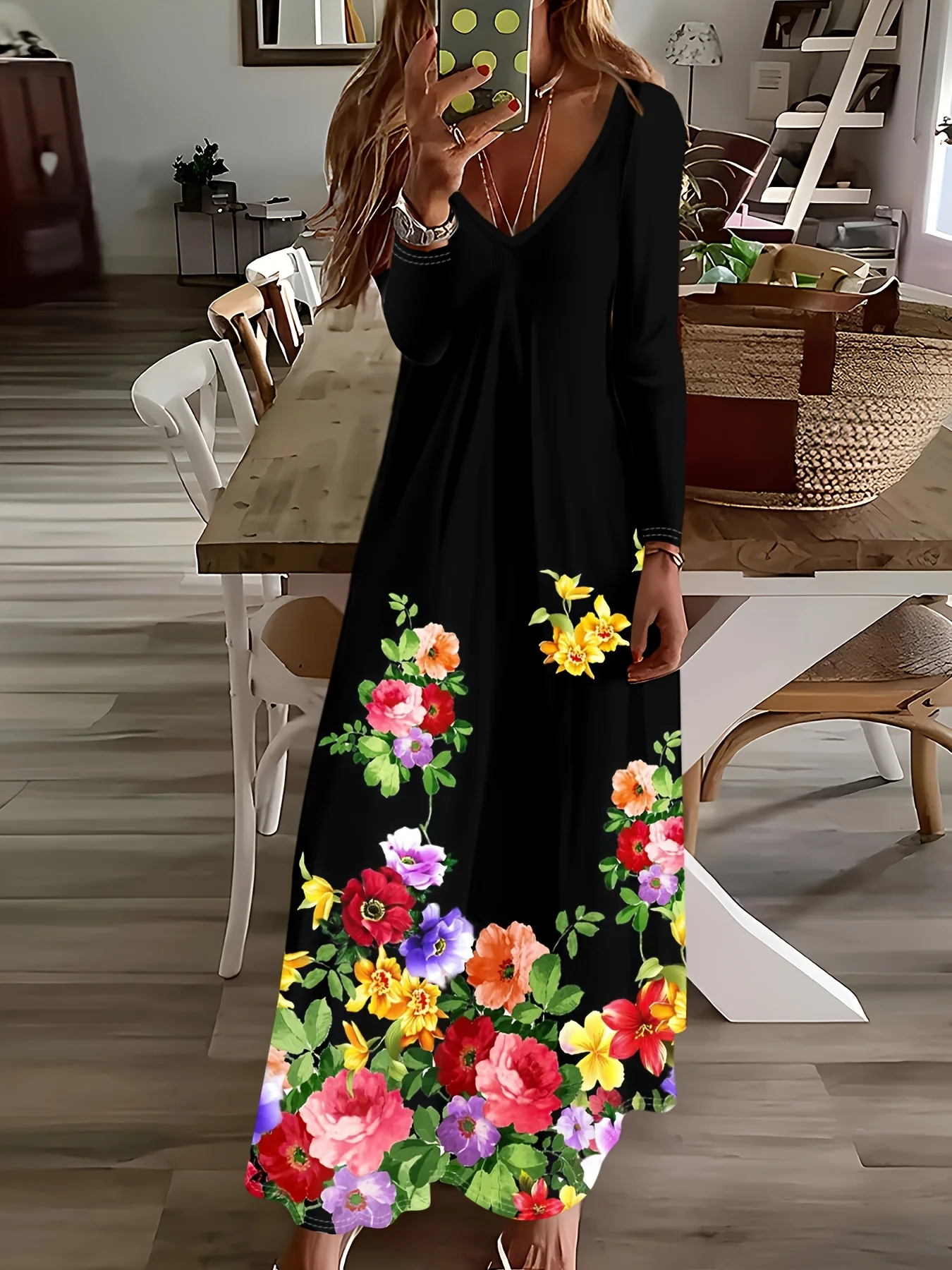 Printed Design Black V Neck Long Sleeve Maxi Dress With Colorful Floral Hem Print