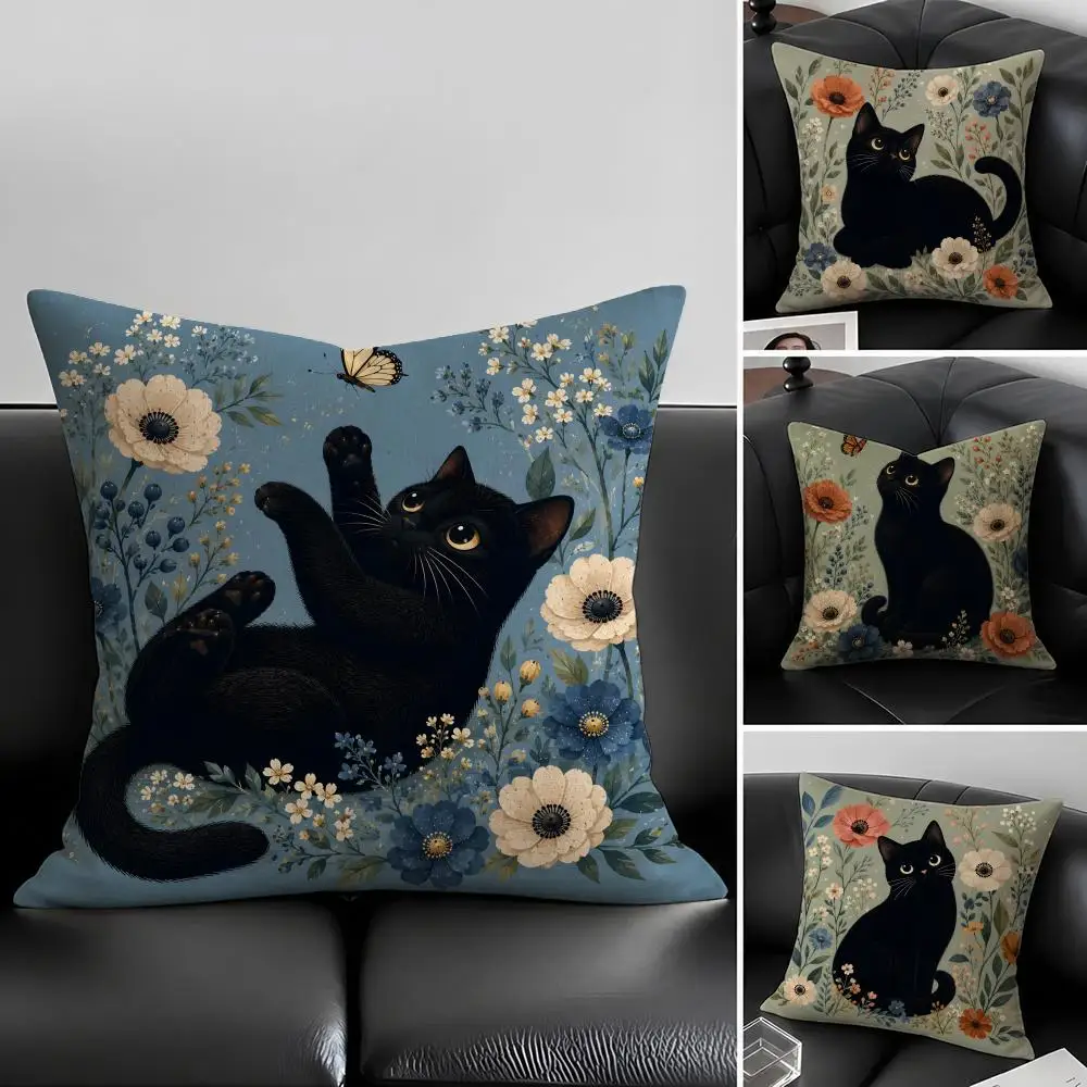 Art Black Cat With Flower Cushion Cover Natural Linen Pillowcase Set, All-in-One Decor for Sofa, Bedroom & Chair