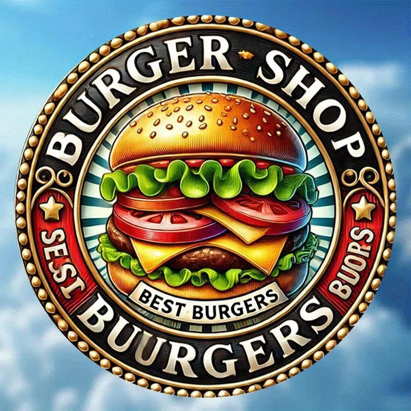 2D 1 pieza, carteles de Metal redondos clásicos Retro "Gourmet Burger Paradise", el logotipo de la experiencia de hamburguesa definitiva, adecuado para