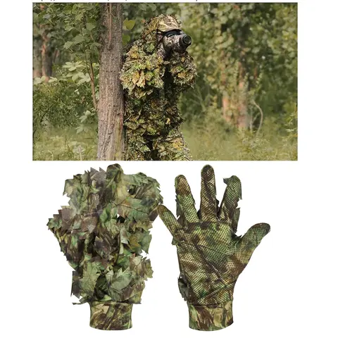 GUGULUZA 1 Paio Sneaky 3D Foglia Camo Guanti Dito Interno Comodo Antiscivolo Durevole Per La Caccia All'aperto Pesca CS Tiro