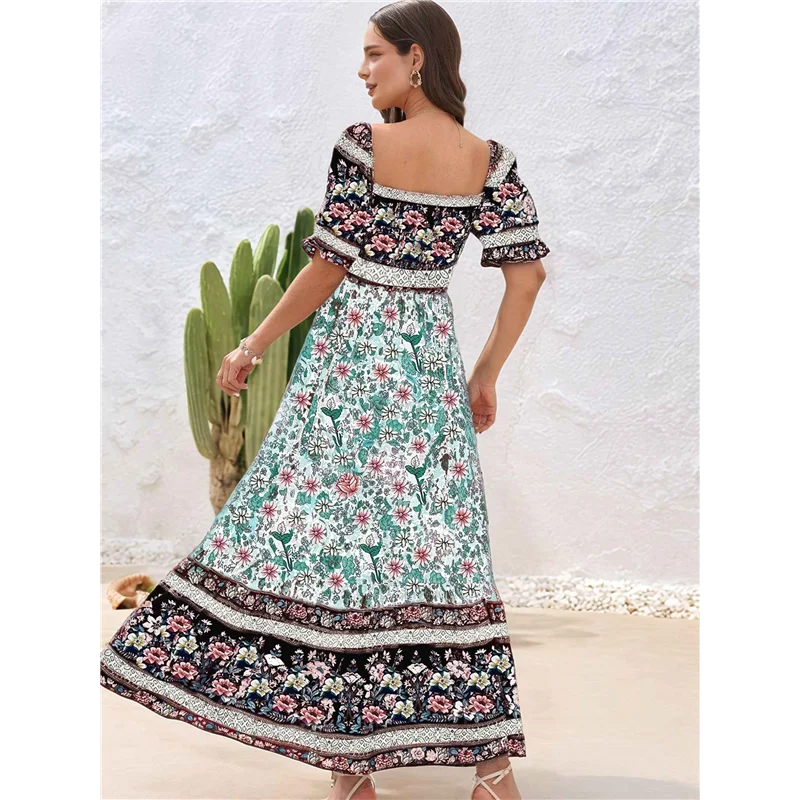 【Decoração de festa】 Vestido feminino verão 2025, ombro de fora, boho, estampa floral, em camadas, casual, fluido, longo, maxi