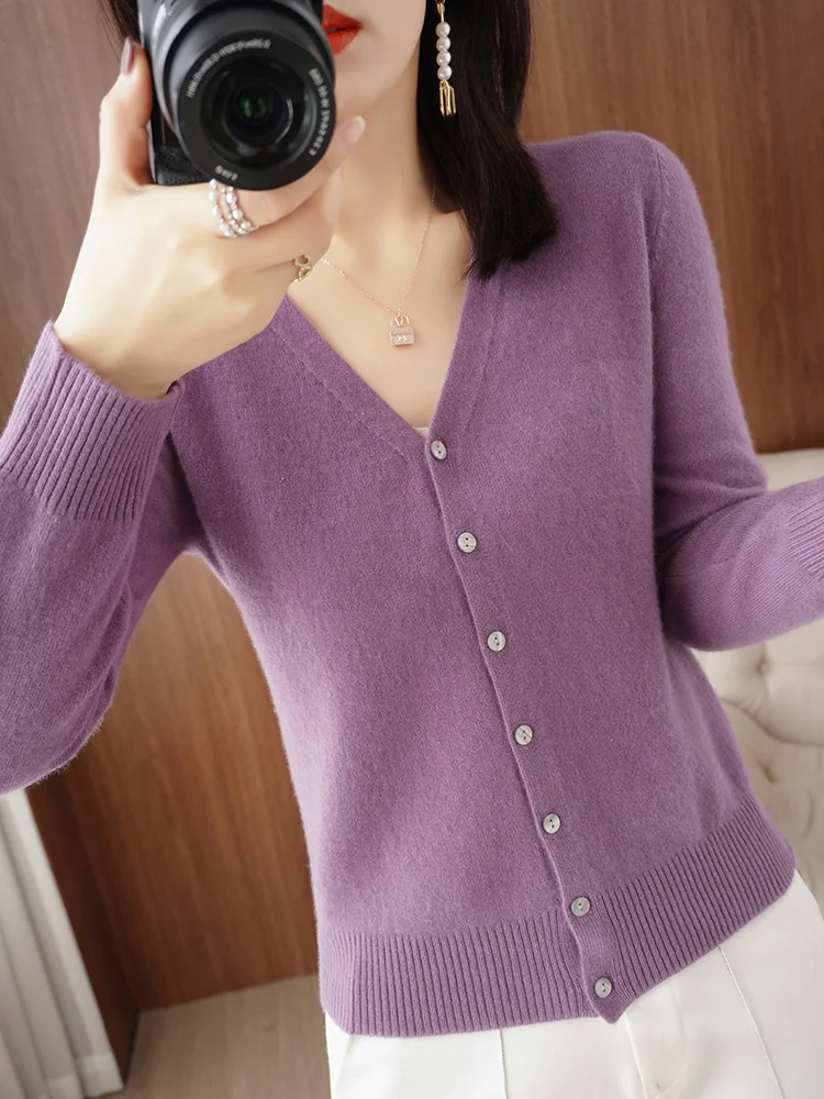 Classic Basic Merino Wool Women Sweater Autum Winter V-Neck Solid Office Lady Knitted Cardigan Long Sleeve Korean Clothing Tops