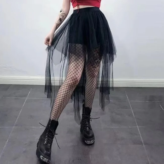 Gothic Black Mesh Long Mini Skirt Women Multilayer Irregular Dark Aesthetic Fairy Grunge Midi Skirts Punk Emo Alt Korean Fashion