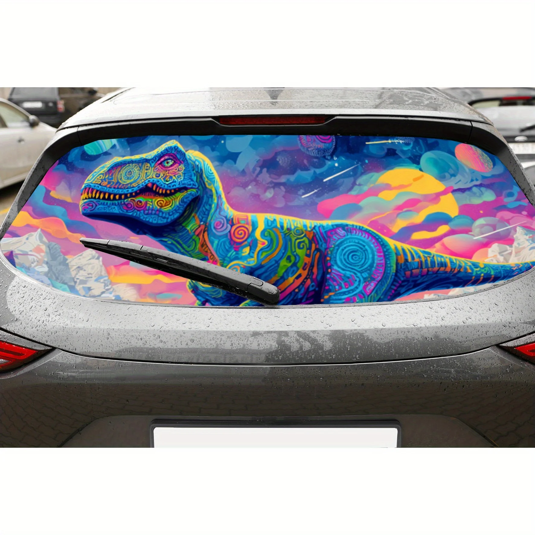

Dreamy multicolor dinosaur car rear window vinyl wraps sticker,auto art sticker,self-adhesive waterproof rear window decoration,